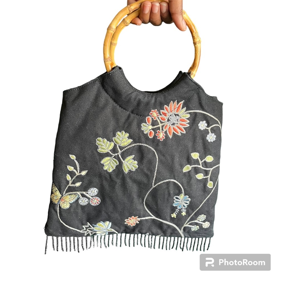 Bamboo Handle Floral Print Purse